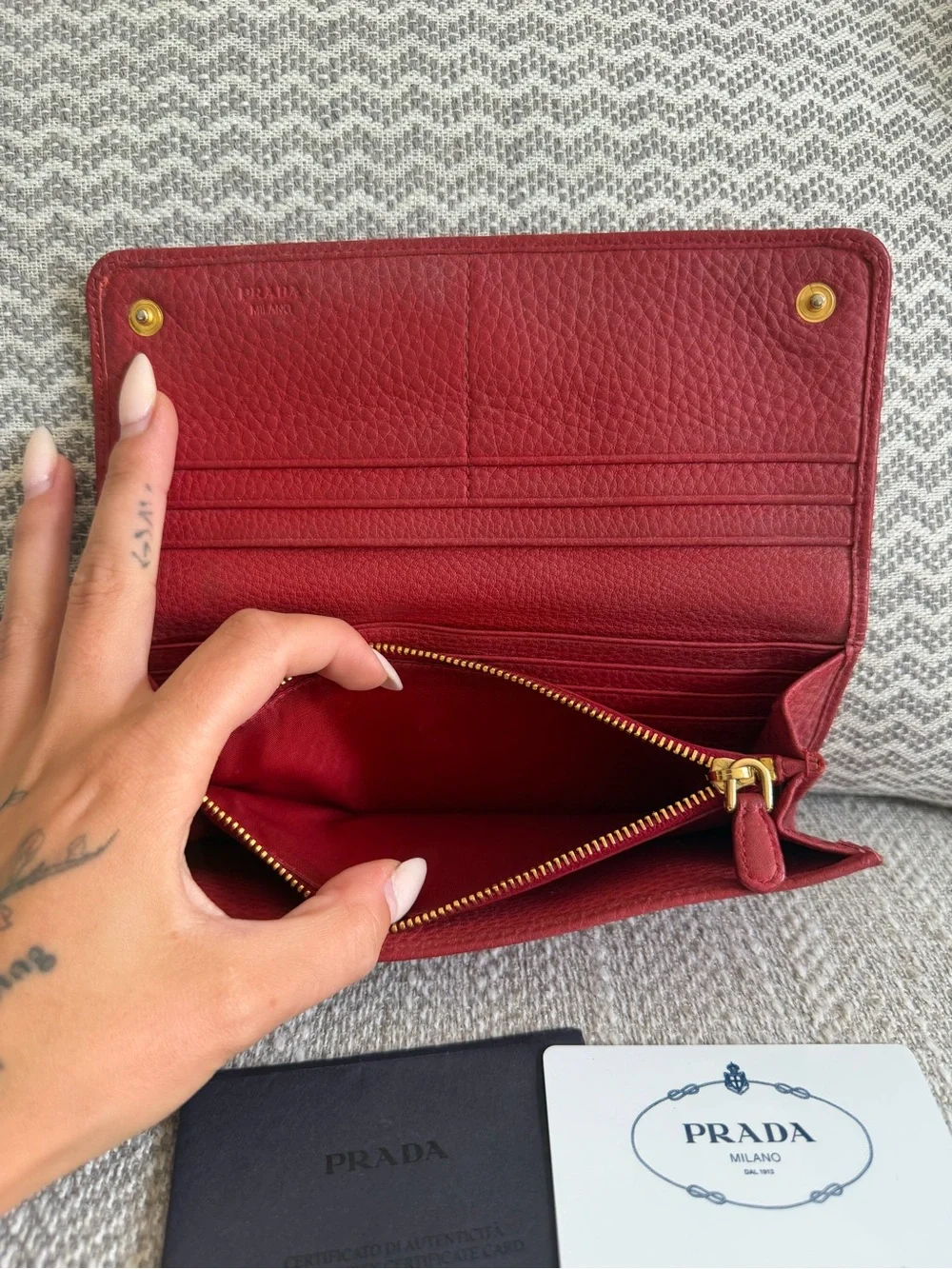 Prada Red Vitello Daino Leather Continental Wallet Gold Logo w/Authenticity Card